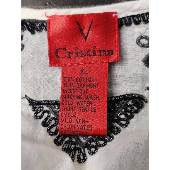 V Cristina Tunic Top, Women's Button Up White with Navy Embroidery, Three-Quarte - Picture 7 of 8